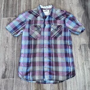 Vans Off The Wall Men's L Maroon Gray Plaid Short Sleeve Snap Shirt Pockets